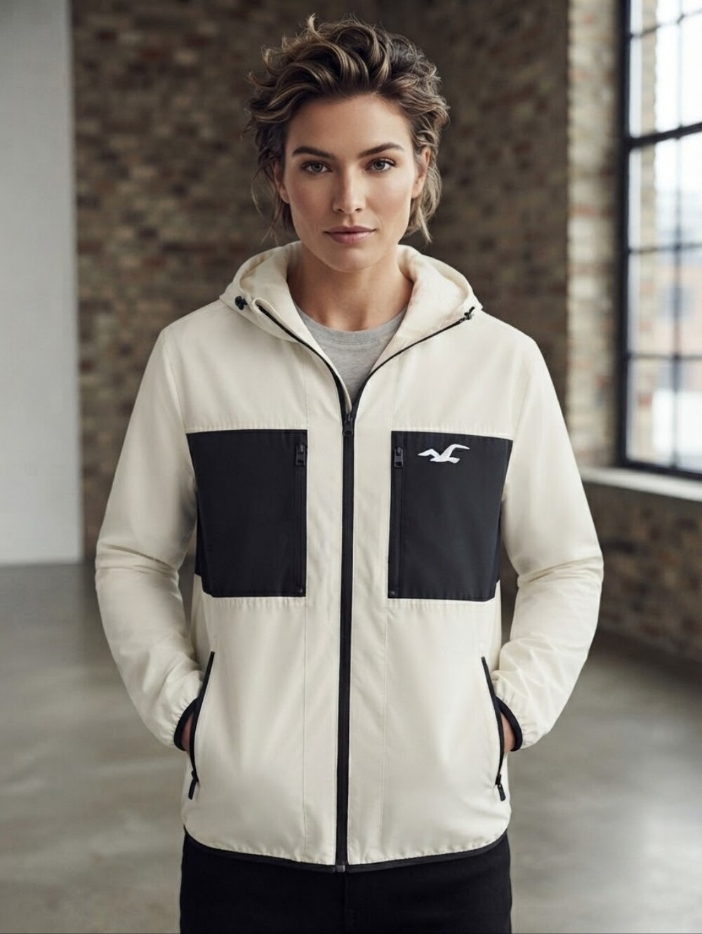 Hollister Epic Flex Women's White/Black Colorblock Hooded Zip Windbreaker Sz Sm